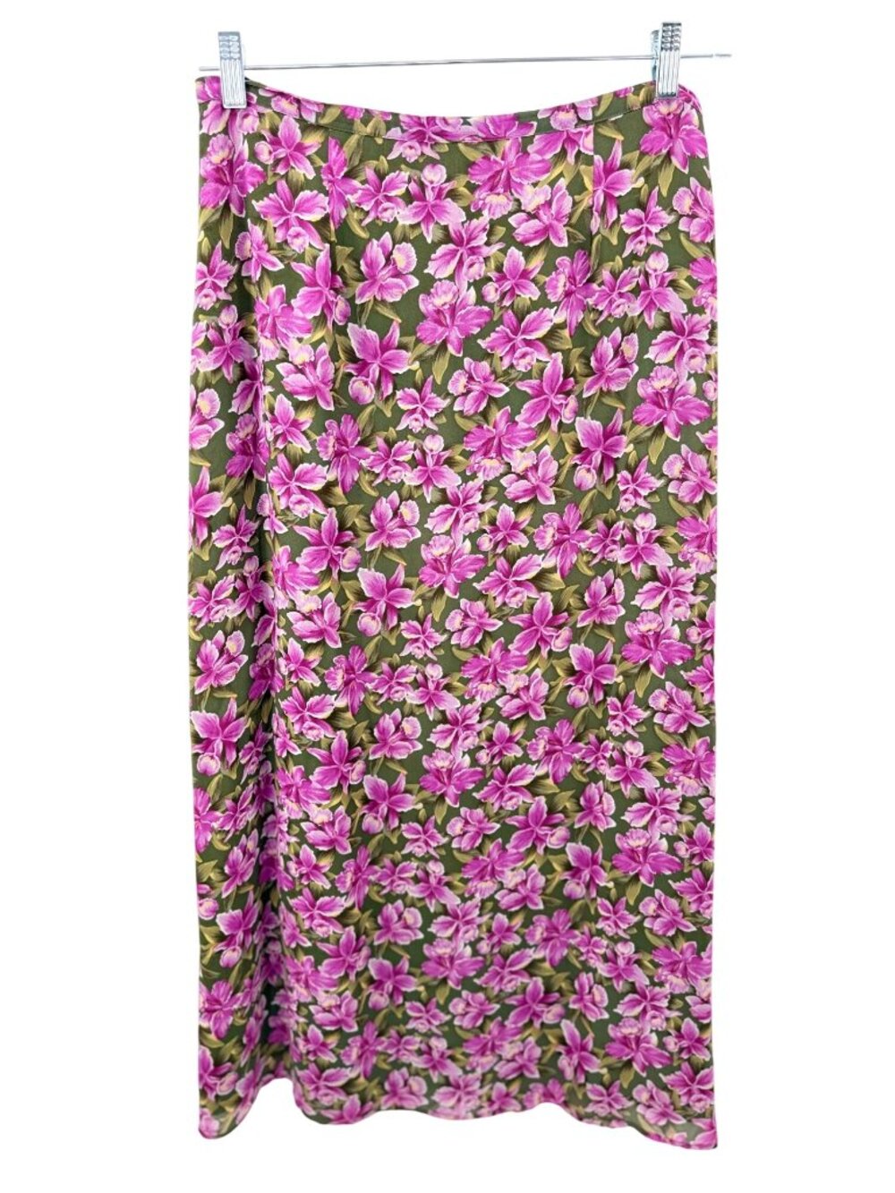 Vintage Casual Corner Green & Pink Orchid Floral Print Maxi Skirt Size 12